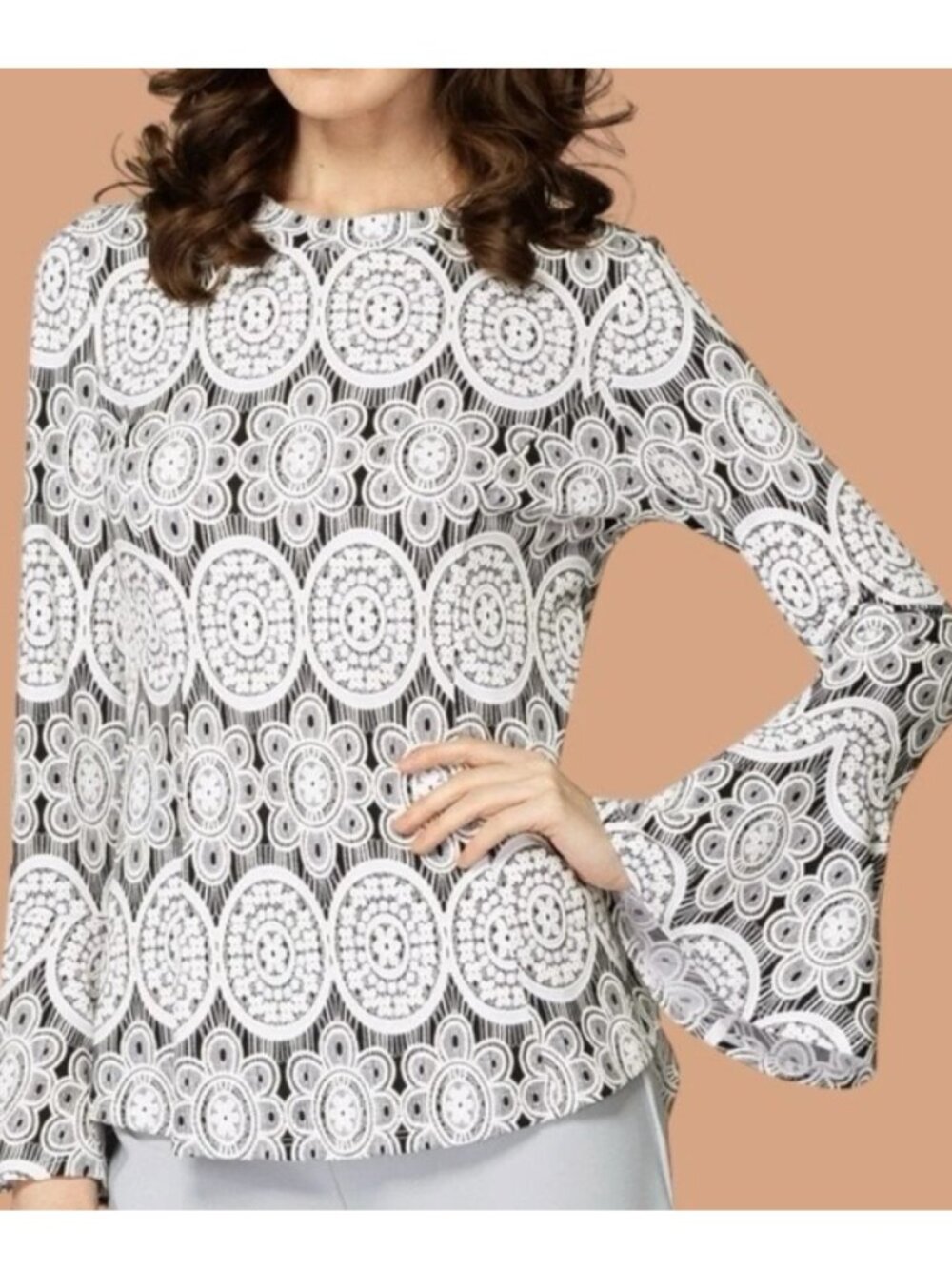 Joseph Ribkoff Black & White Abstract Floral Print Long Sleeve Top Size 12